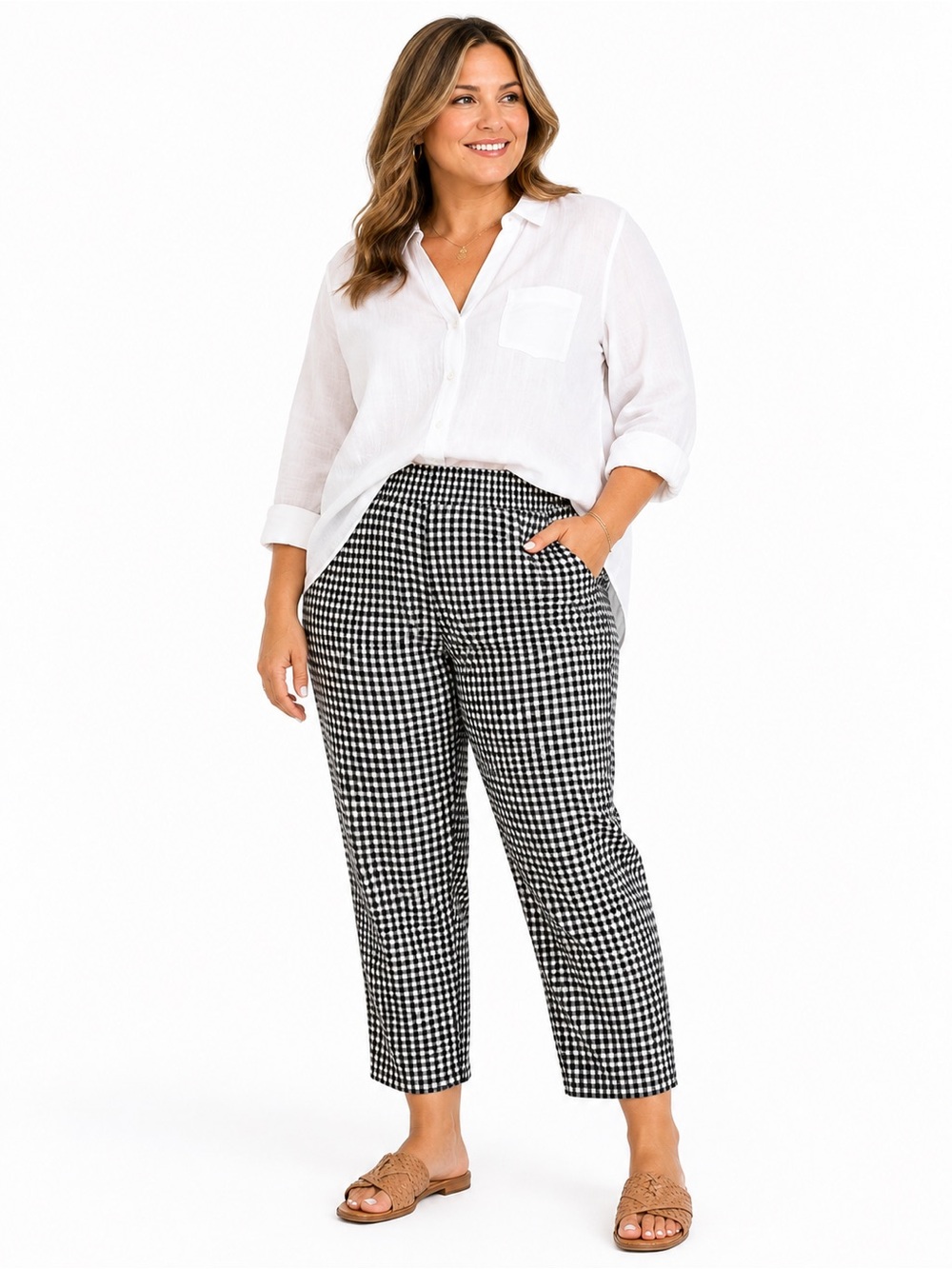 Alfred Dunner 14P Gingham Pull On Ankle Pants Black White Stretch